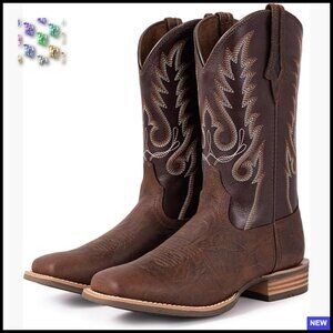 Genuine Leather Cowgirl Boots Mid Calf Western Embroidered Square Toe Pull On